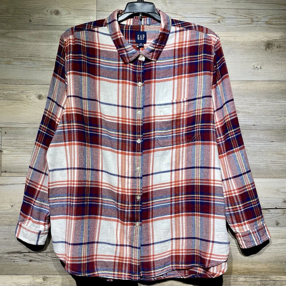 Gap Women's XXL Boyfriend Flannel Shirt Red White Plaid Button Up Long Sleeve